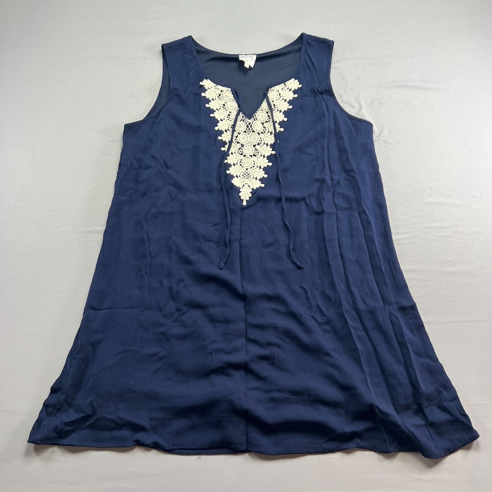 Naïf Shift Dress Womens XL Navy Blue Crochet Lace Detail Sleeveless Tie Front